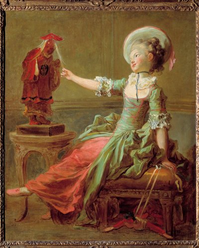Mladá dívka se baví s čínskou sochou, která ji tahá za vlasy. Obraz Jean Honore Fragonard (1732-1806) 18. století Soukromá sbírka od Jean Honore Fragonard