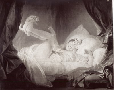 La Gimblette aneb Mladá dívka, která nutí svého psa tančit na posteli (olej na plátně) (černobílá fotografie) od Jean Honore Fragonard