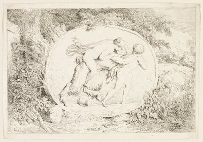 Nymfa jedoucí na zádech satyra, z knihy Bakchanálie aneb Hry satyrů od Jean Honore Fragonard