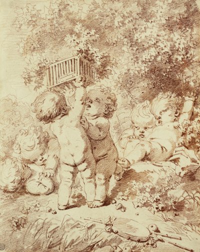 Šest putti ve hře, dva drží klec, od Jean Honore Fragonard