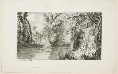 Krajina s chodcem a kaskádou, deska 5 z druhé sady Livre de paysages (Kniha krajin) od Jean Hoüel
