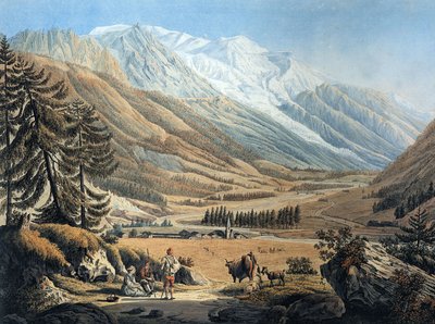pohled na údolí Chamonix z vesnice Argentiere od Jeana Daniela Hubera během cesty kolem roku 1785 (rytina) od Jean Huber