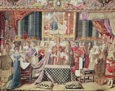 Královská svatba (Ludvík XIV.), z „Dějiny krále“ z karikatury od Lebruna, Gobelínová tapisérie, tkaná na vysoce osnovním stavu (vlna, hedvábí a zlato) od Jean II Jans