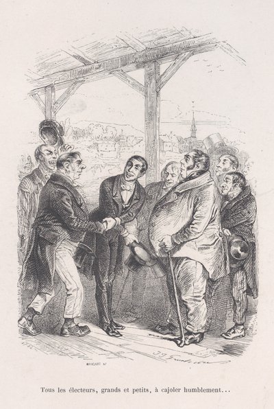 Všichni voliči, velcí i malí, se shromažďují, aby se navzájem pokorně přemlouvali... z Malé bídy..., 1843. od Jean Ignace Isidore Gérard