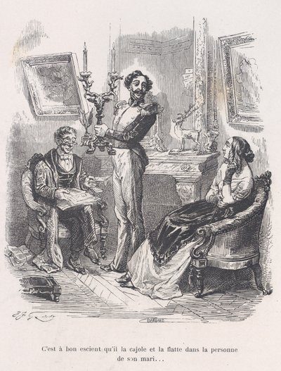 Je dobře, že ji před manželem přemlouvá a lichotí. z Malého Miseri..., 1843. od Jean Ignace Isidore Gérard