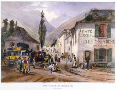 Příjezd a oprava dostavníku v Luz na cestě do Barreges, kolem roku 1840 od Jean Jacottet