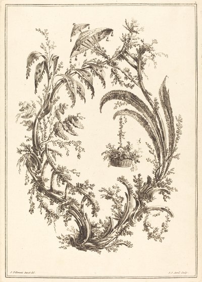 Ornament se slunečníkem a závěsným košem od Jean Jacques Avril I after Jean Baptiste Pillement