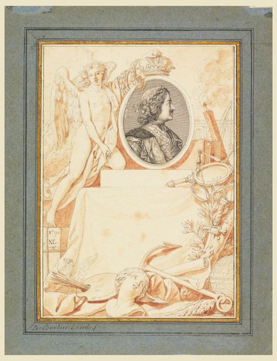 Kresba, frontispis k Dějinám Petra Velikého, asi 1780 od Jean Jacques Francois Le Barbier