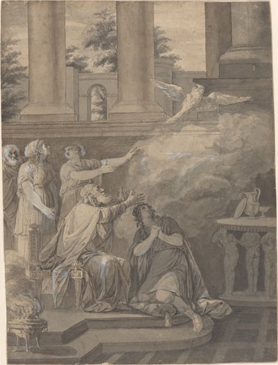 Pallas Athene v podobě ptáka opouštějícího Nestora a Telemacha od Jean Jacques François Le Barbier I