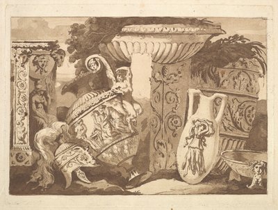 Kompozice se starožitnými fragmenty a šikmou vázou, z Recueil de Compositions..., 1782-84. od Jean Jacques Lagrenee