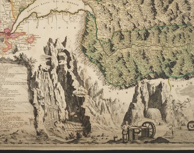 Nová mapa Švýcarska s nejslavnějšími a nejmocnějšími kantony a veřejnými záležitostmi reformovaného náboženství Tigurina, Bern, Glarus, Basilej, Scafusiana, opat Cellana, detail, kolem 1712 (ručně kolorovaný tisk) od Jean Jacques Scheuchzer