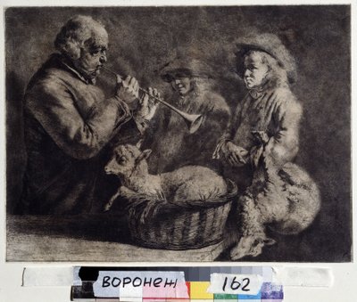 ""Hobojista"" (hobojista) Hudebník hrající na hoboj před dvěma pastýři. Dřevoryt Jean Jacques de Boissieu (1736-1810) 1772 Ivan Kramskoy (nebo Kramskoi) Muzeum výtvarného umění ve Voroněži (Voronezh), Rusko. od Jean Jacques de Boissieu