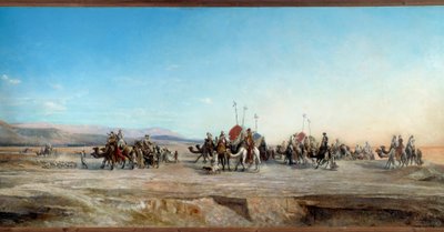 Hledá kempovací karavany nomádů a velbloudů v poušti. Obraz Jean Joseph Bellel (1816-1898) Montpellier 19. století, Musee Fabre - Hledá se tábor. Kočovné karavany a velbloudi v poušti. Obraz Jean Joseph Bellel (1816-1898) od Jean Joseph Bellel
