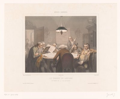 Sedm mužů čtoucích u stolu Le cabinet de lektor / Čtenářský klub / Das lescabinet (název na objektu) Zobrazení speciálních aktivit (název seriálu) Musée omnibus (název série na objektu) od Jean Julien Jacott