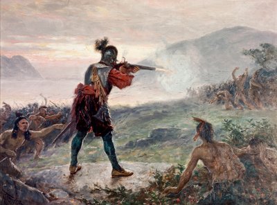 Bitva u jezera Champlain mezi irokézskými kmeny a koalicí indiánských kmenů (Algonkinů, Huronů a Montagnaisů) podporovaných Francouzi v roce 1609 - obraz Jeana Leona Gerome Ferrise (1863-1930 ) od Jean Leon Gerome