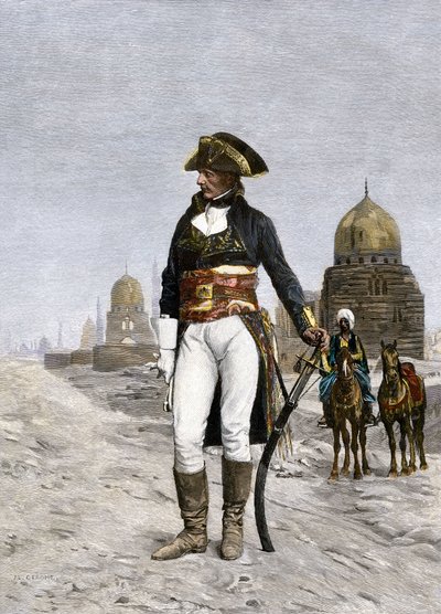 Tažení (výprava) do Egypta (1798-1801): portrét Napoleona Bonaparta (1769-1821) v Káhiře v roce 1798. Kolorovaná rytina podle obrazu Jeana Leona (Jean-Leon) Geroma. od Jean Leon Gerome