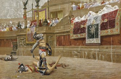 Gladiátoři v římské aréně: diváci dávají "palec dolů", čímž dávají najevo, že vítěz nemá svého protivníka šetřit. Chromolitografie podle obrazu JL Geroma. od Jean Leon Gerome