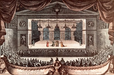 "Imaginární invalida" od Jean Baptiste Poquelin dit Moliere ve Versailles (barevná rytina) od Jean Lepautre