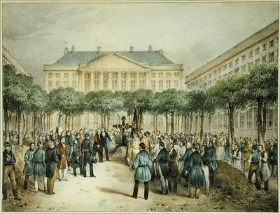Pohřeb revolucionářů na Place des Martyres de la Liberte, Brusel, 2. října 1830, vyryl A.M. Jobard (fl.1820-20) (barevné lito) od Jean Louis (after) Van Hemelryck
