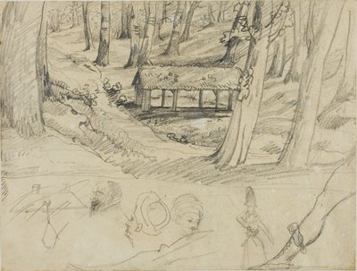 Lesní interiér s doškovou chýší a další skici od Jean Louis André Théodore Géricault
