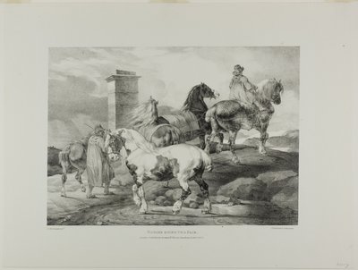 Koně jdoucí na veletrh, deska 3 z knihy Různé náměty kreslené ze života a na kameni (The English Suite) od Jean Louis André Théodore Géricault