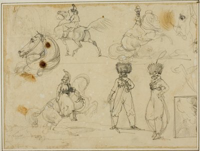 List s náčrtky: Vojáci, koně a krajina od Jean Louis André Théodore Géricault