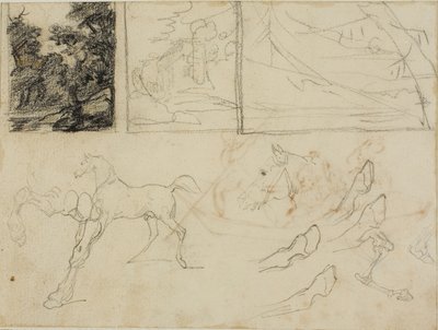 List se skicami: tři krajiny, koně a kopyta od Jean Louis André Théodore Géricault