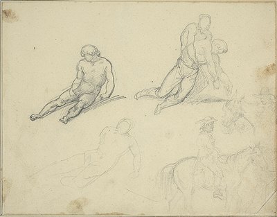 Náčrtky: Ležící akt, Muž podpírající tělo od Jean Louis André Théodore Géricault