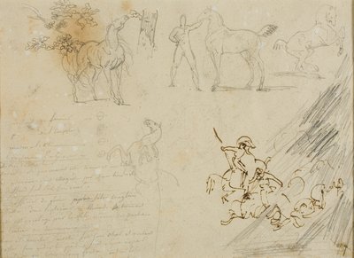 Náčrty koní, podkoní držící koně, jezdecká bitva od Jean Louis André Théodore Géricault