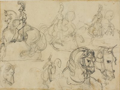 Náčrty jízdních karabiníků a hlav koní od Jean Louis André Théodore Géricault