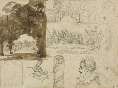 Náčrtky pohledů na park, hlavy, koně od Jean Louis André Théodore Géricault