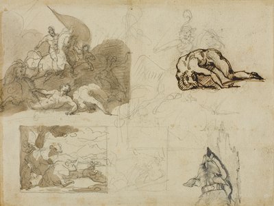 Náčrtky jezdecké bitvy, krajina s krávami a další kompozice od Jean Louis André Théodore Géricault