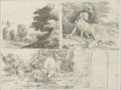 Skici zalesněného místa, psi a bažanti v krajině od Jean Louis André Théodore Géricault
