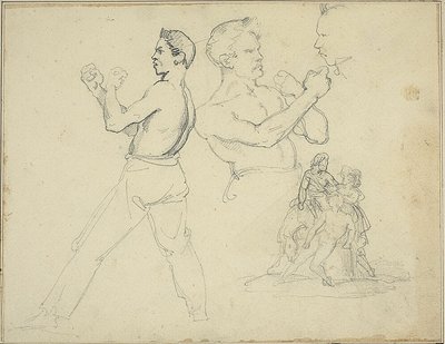 Studie boxerů a skica jezdce v doprovodu dvou postav od Jean Louis André Théodore Géricault