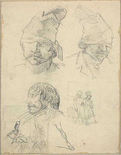 Studie hlav a dvě kompoziční studie od Jean Louis André Théodore Géricault