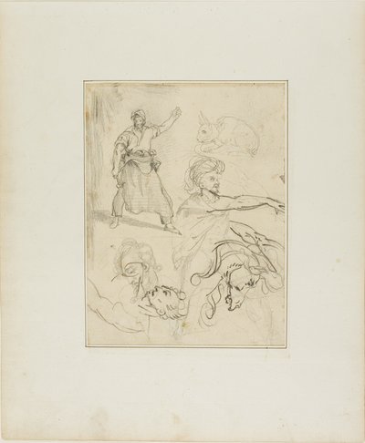 Studie kováře a koňské hlavy s náčrtky dalších postav a králíka od Jean Louis André Théodore Géricault