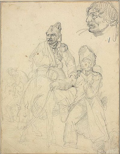 Studie skupiny postav s detailem hlavy granátníka od Jean Louis André Théodore Géricault