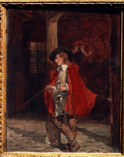 "Le swashbuckler v červeném plášti"" (Swashbuckler in a red cloak) reprezentace mušketýra, milovníka soubojů s mečem, nonšalantně se opírajícího o sloup. Obraz Ernest Jean Louis Meissonier (1815-1891) Puškinovo muzeum z 19. století, Moskva od Jean Louis Ernest Meissonier
