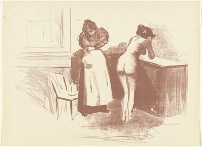 Nahá žena se myje a sluha stojí vedle ní Croquis La Friction au gant de crin L