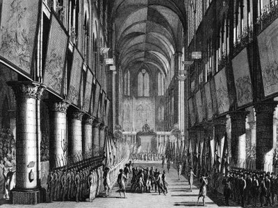 Francouzská revoluce: Požehnání vlajek Národní gardy Monsignorem Juignem v kostele Notre Dame 27. září od Jean Louis II (after) Prieur
