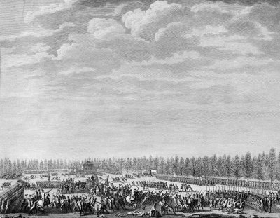 Francouzská revoluce: Gilbert du Motier, markýz de la Fayette (1757-1834) nechal 12. ledna 1790 na Champs Elysees v Paříži odzbrojit dvě stě vojáků pro nekázeň. Rytina Berthaut po Priorovi. Paříž, Knihovna Historického ústavu R od Jean Louis II (after) Prieur