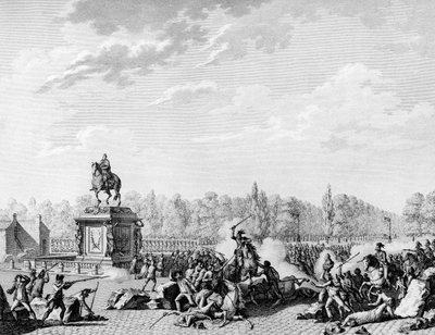 Francouzská revoluce: Místo Ludvíka XV., draci Karla Evžena de Lorraine, princ z Lambescu (1754-1825) naložili 12. července 1789 průvod nesoucí busty Jacquese Neckera (1732-1804) a vévody z Orleansu. Rytina Berthaut po Prioru. Paříž, od Jean Louis II (after) Prieur
