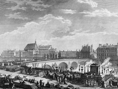 Francouzská revoluce: Triumf Francoise Marie Arouet dit Voltaire (1694-1778) 11. července 1791 (nádrž funebre na pozůstatky Voltaira má průchod na Královském mostě). Rytina Berthaut po Prior. Paříž, Knihovna Historického ústavu od Jean Louis II (after) Prieur