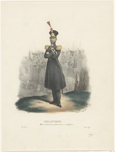 Důstojník národní milice, 1829 Pěchota / Národní milice, Důstojnické svlékání (titul na předmětu) Belgické kostýmy: starověké a moderní, vojenské, civilní a náboženské, 1830 (název série) od Jean Louis Van Hemelryck