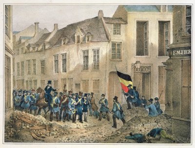Rue de Louvain, Brusel, 23. září 1830, vyryl A.M. Jobard (fl. 1820-30) od Jean Louis Van Hemelryck