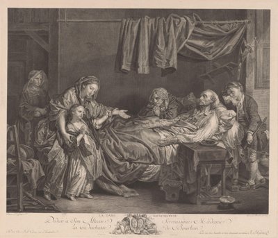 Rodina kolem nemocného lůžka La Dame Bienfaisante (název na objektu) od Jean Massard