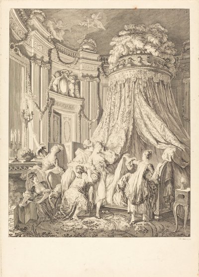 Postel nevěsty od Jean Michel Moreau after Pierre Antoine Baudouin