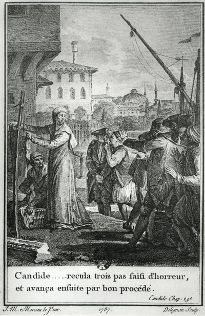 Candide ... zděšeně udělala tři kroky zpět a pak pokročila dobrým postupem, ilustrace z kapitoly 29 Candide od Francoise Voltaira (1694-1778) vyrytá Jeanem Louisem Delignonem (1755-1804) 1787 od Jean Michel the Younger Moreau