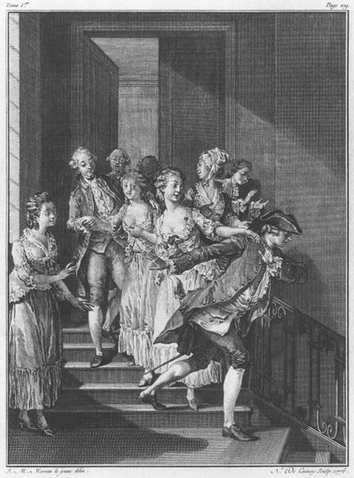 Útěk Saint-Preux, svazek I, strana 279, ilustrace z knihy "La Nouvelle Heloise" od Jeana-Jacquese Rousseaua (1712-78), vyryl Noel Le Mire (1724-1800) od Jean Michel the Younger Moreau