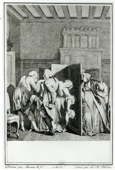 Baron... pozdravil Candide několika pozoruhodnými kopy do závěru a vyhnal ho ze dveří, ilustrace z kapitoly 1 Candide od Francoise Voltaira (1694-1778) vyryla Louis Michel Halbou ( od Jean Michel the Younger Moreau